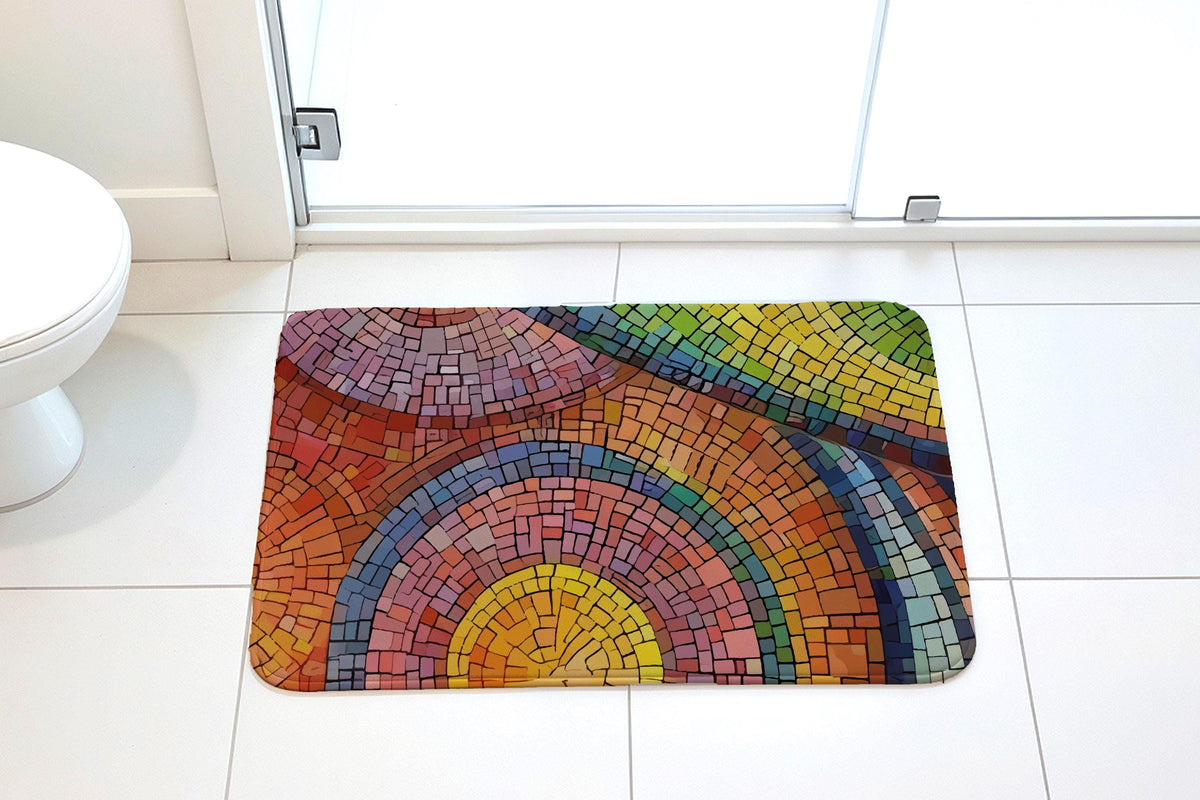 Abstract Rainbow Mosaic Design Bath Mat, Stained Glass Art Bathroom Rug