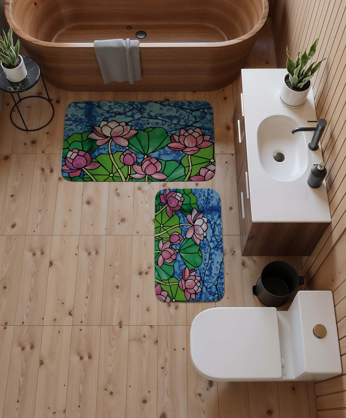 Stained Glass Look Lotus Bath Mat, ink Water Lily Mosaic Design Bathroom Rug