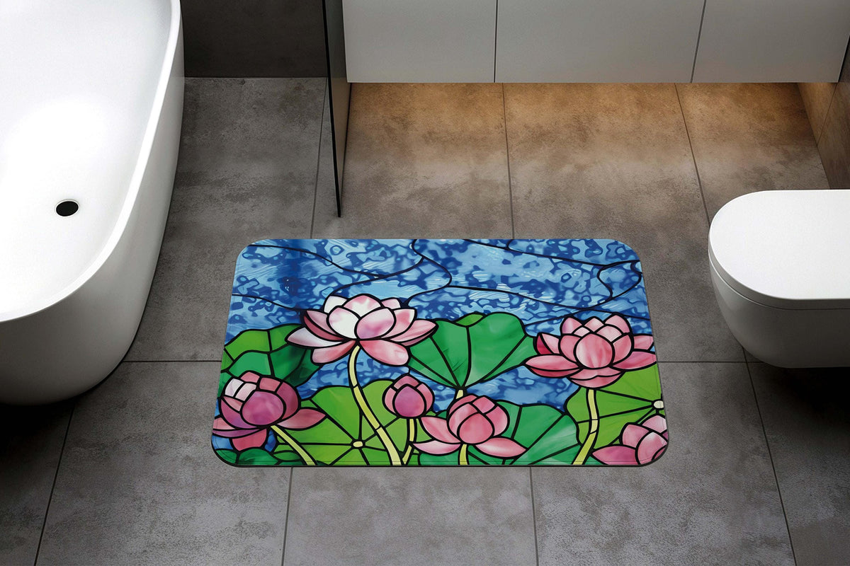 Stained Glass Look Lotus Bath Mat, ink Water Lily Mosaic Design Bathroom Rug