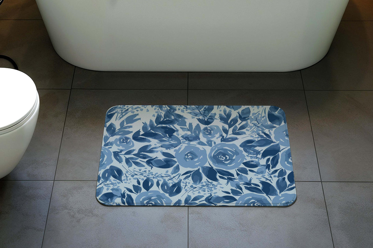 Blue Floral Bath Mat, Rustic Farmhouse Rose Bathroom Rug, Elegant Guest Bathroom Decor