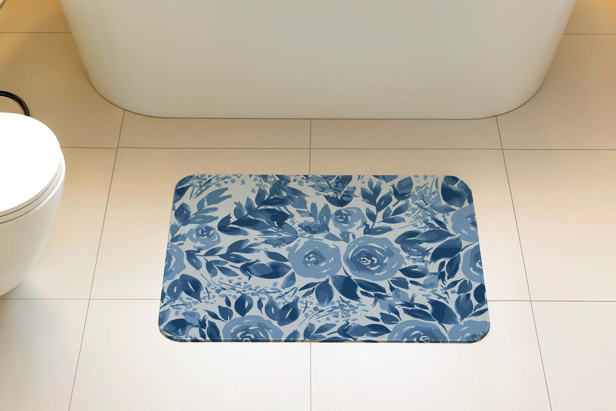 Blue Floral Bath Mat, Rustic Farmhouse Rose Bathroom Rug, Elegant Guest Bathroom Decor