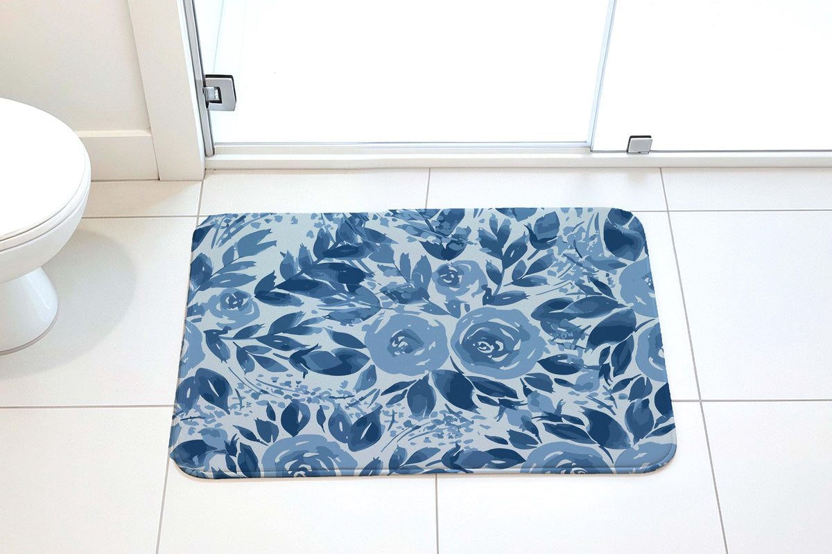 Blue Floral Bath Mat, Rustic Farmhouse Rose Bathroom Rug, Elegant Guest Bathroom Decor