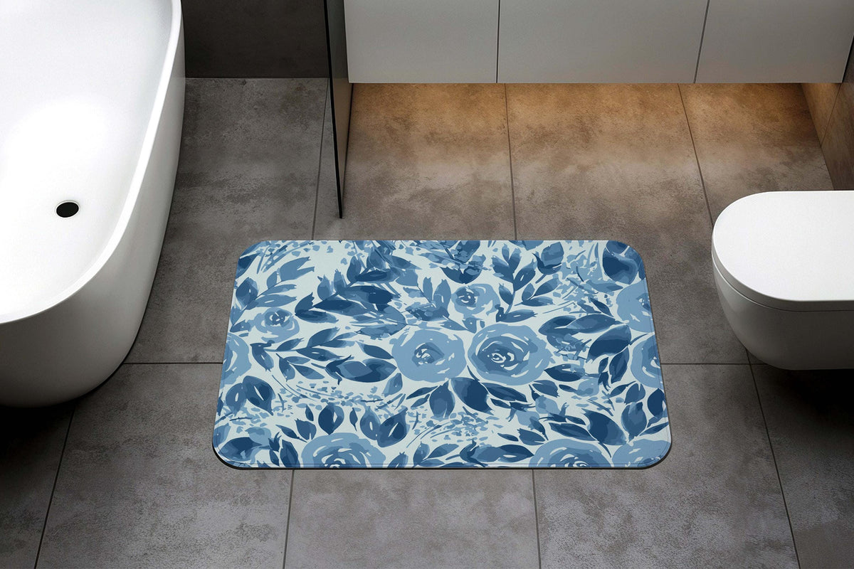 Blue Floral Bath Mat, Rustic Farmhouse Rose Bathroom Rug, Elegant Guest Bathroom Decor