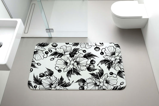 Black and White Floral Bath Mat, Contrast Botanical Sketch Bathroom Rug
