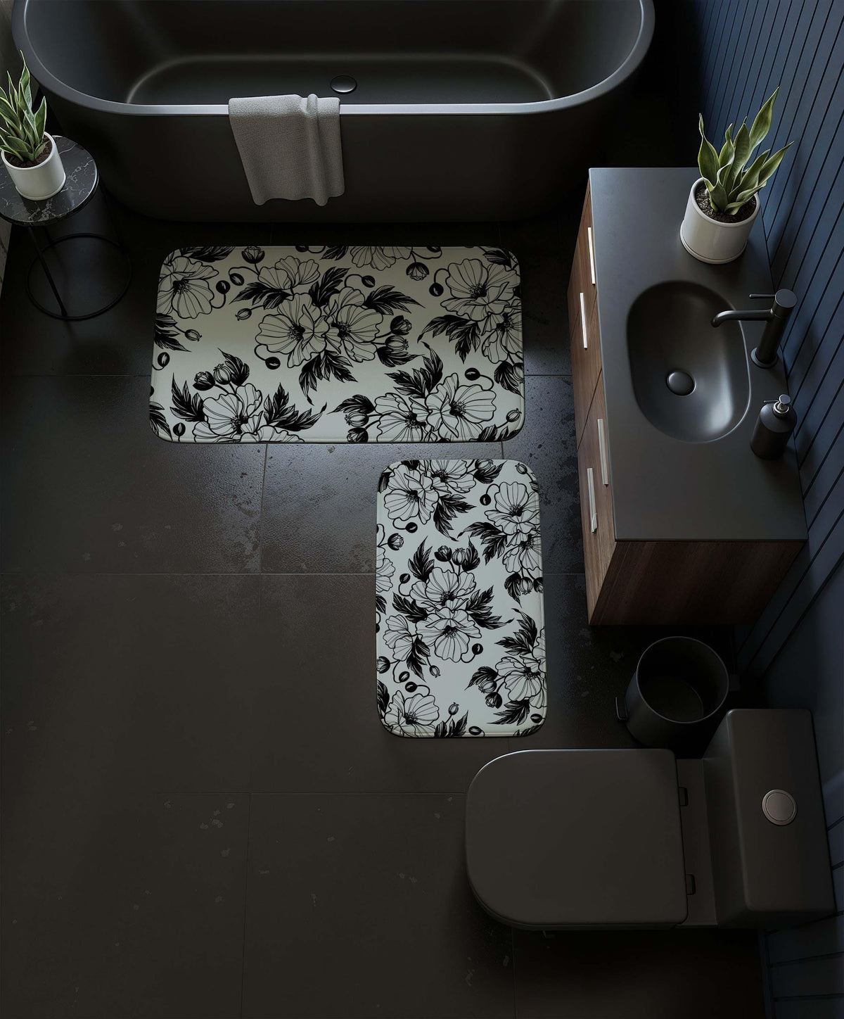 Black and White Floral Bath Mat, Contrast Botanical Sketch Bathroom Rug