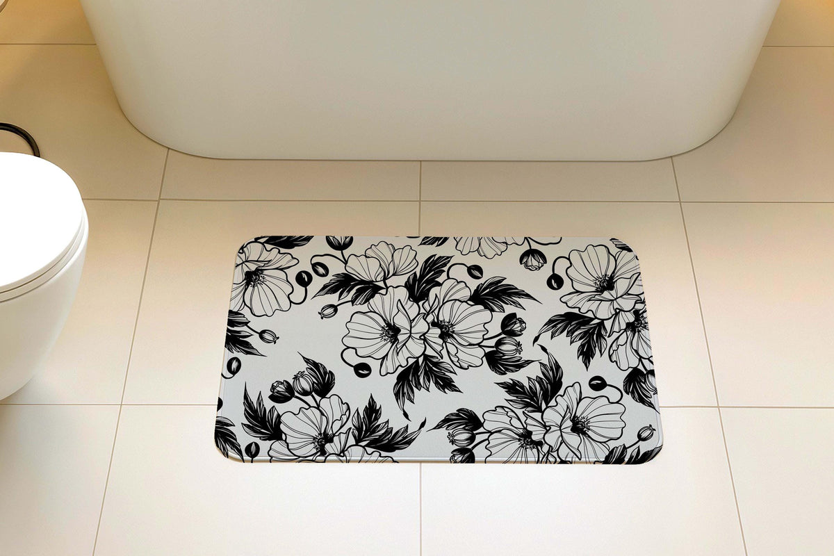 Black and White Floral Bath Mat, Contrast Botanical Sketch Bathroom Rug