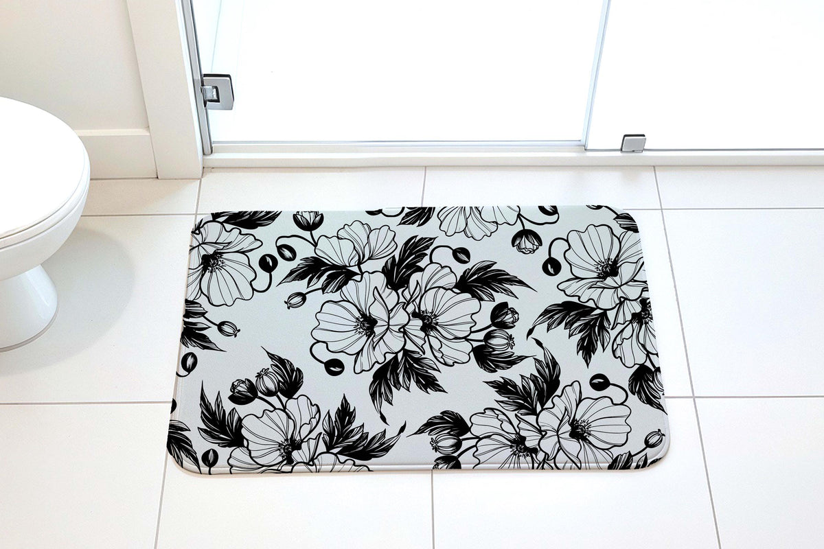 Black and White Floral Bath Mat, Contrast Botanical Sketch Bathroom Rug