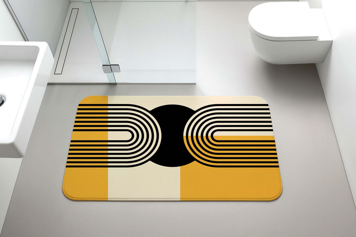 Mid Century Modern Bath Mat, Yellow & Black Geometric Bathroom Rug, Abstract Design Shower Mat