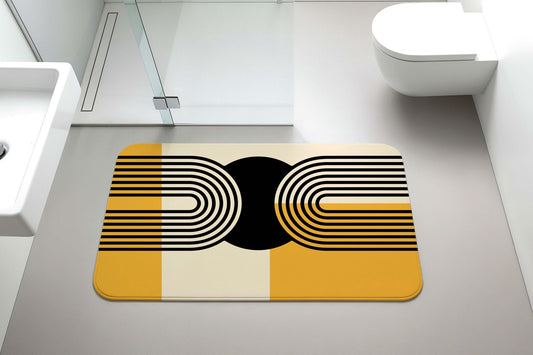 Mid Century Modern Bath Mat, Yellow & Black Geometric Bathroom Rug, Abstract Design Shower Mat