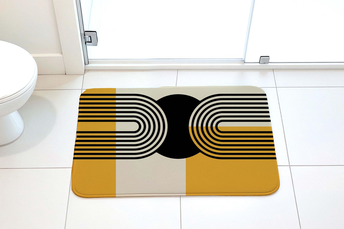 Mid Century Modern Bath Mat, Yellow & Black Geometric Bathroom Rug, Abstract Design Shower Mat