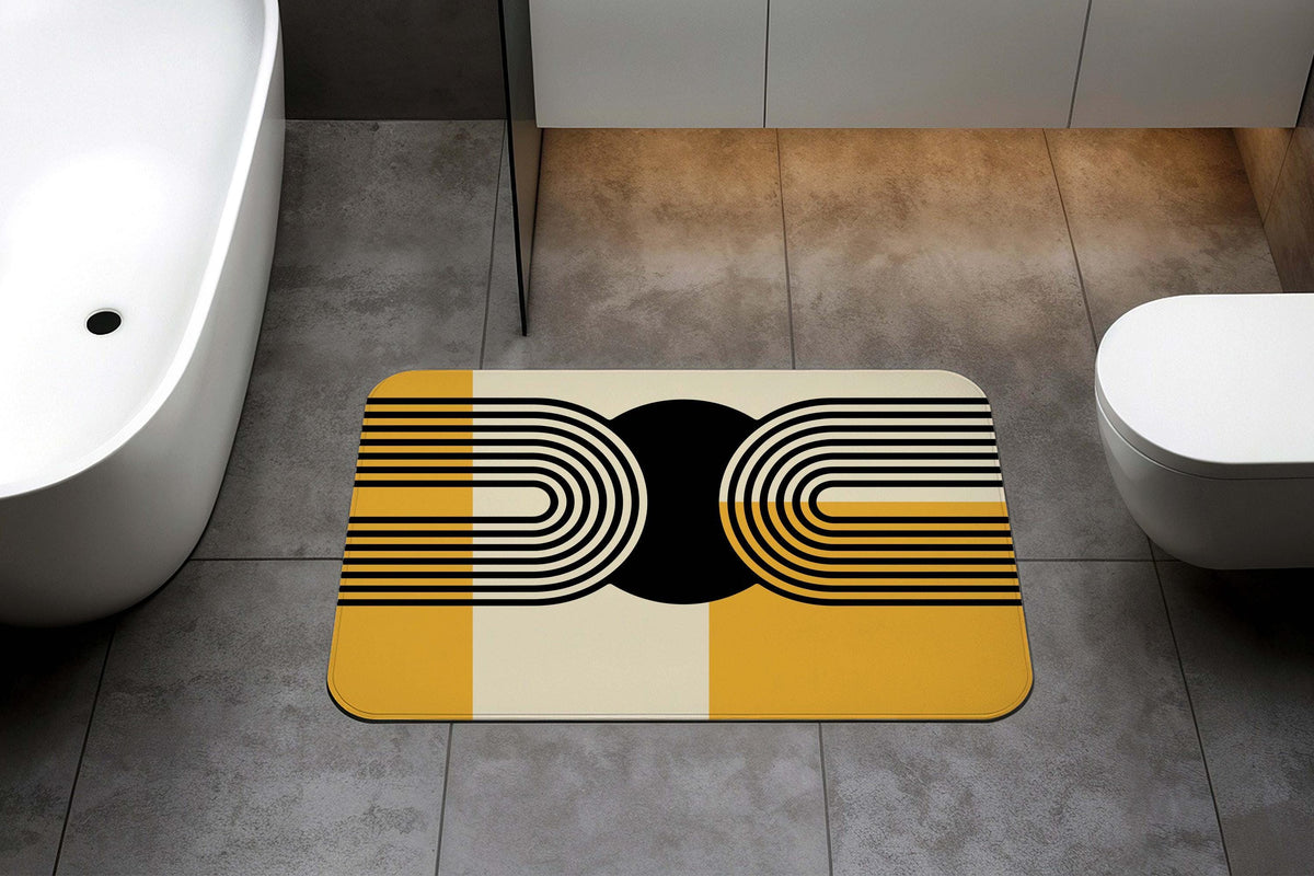 Mid Century Modern Bath Mat, Yellow & Black Geometric Bathroom Rug, Abstract Design Shower Mat