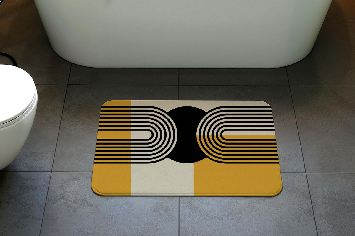 Mid Century Modern Bath Mat, Yellow & Black Geometric Bathroom Rug, Abstract Design Shower Mat