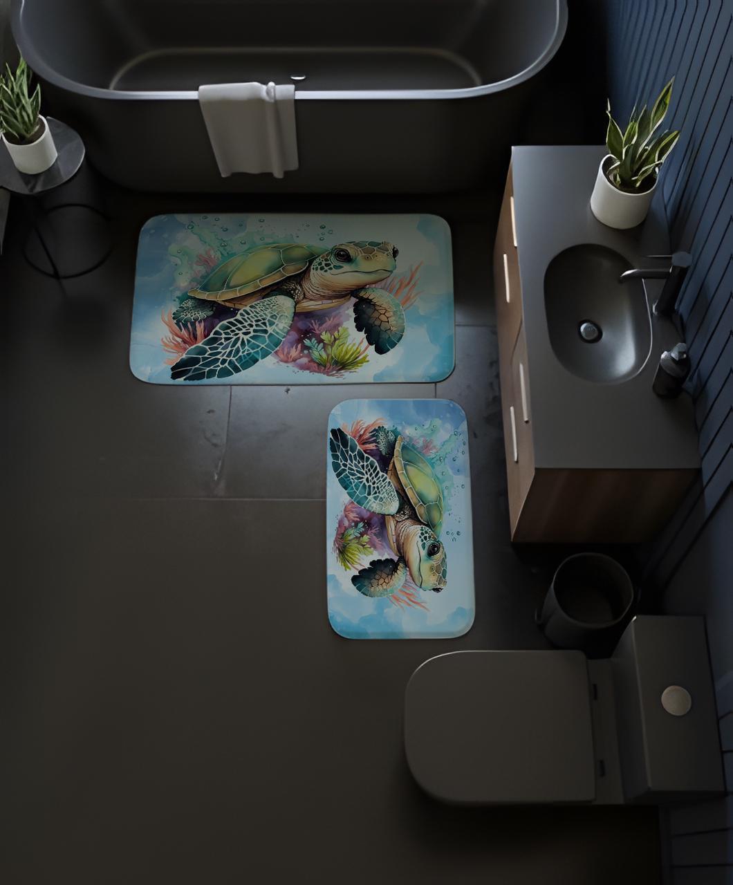 Sea Turtle Bath Mat, Coastal Ocean Animal Bathroom Rug, Nautical Non-Slip Shower Mat
