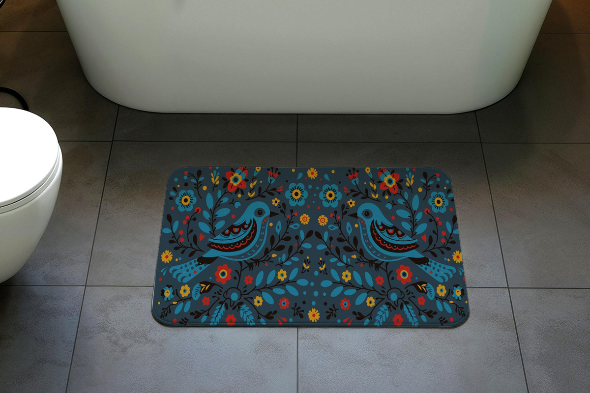 Folk Art Blue Bird Bath Mat, Bohemian Floral Pattern Bathroom Rug