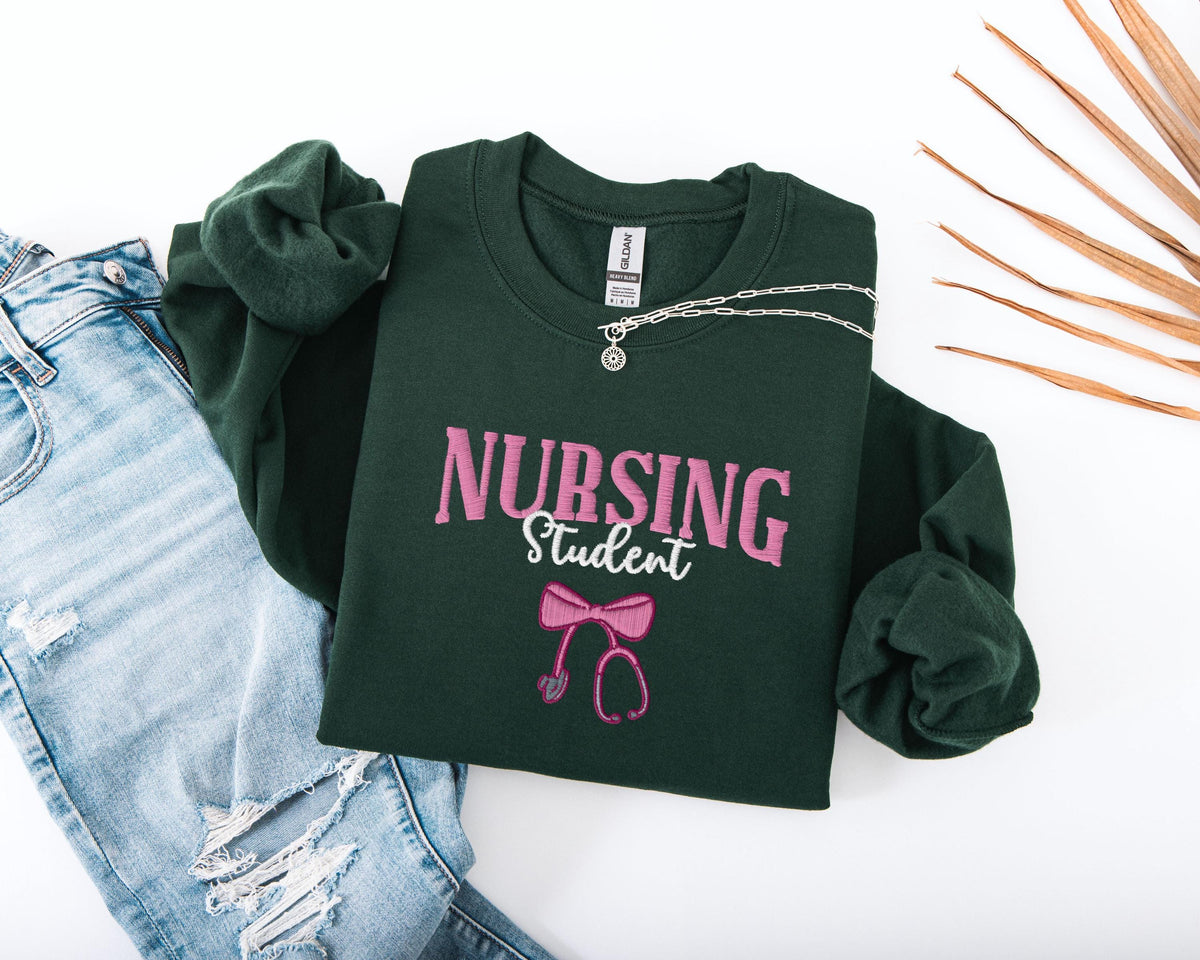 Embroidered Nursing Student Sweatshirt, Bow Stethoscope Sweater, Nursing School Grad Sweater, Future Nurse Embroidered Hoodie, Nurse Gift