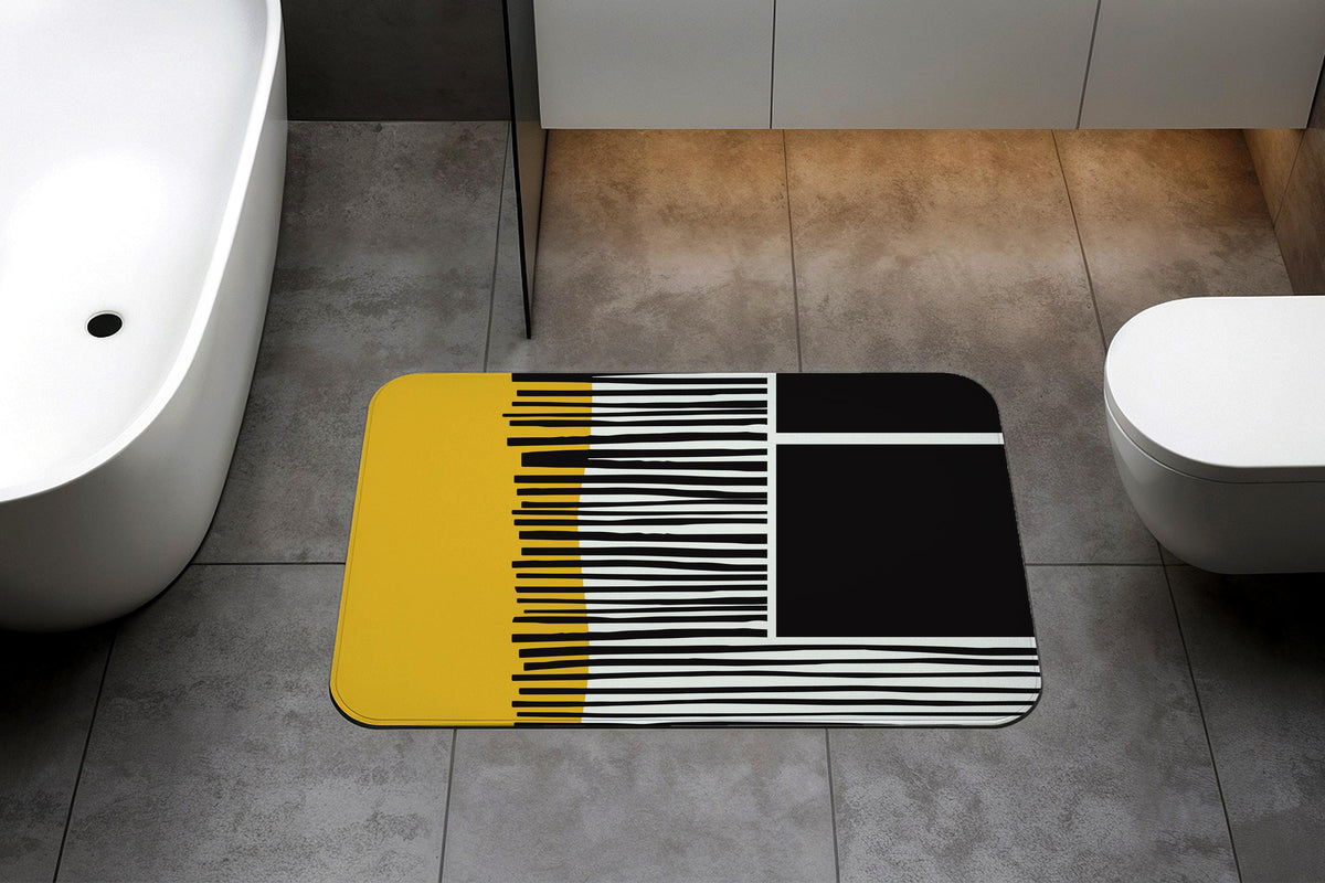 Modern Art Bathroom Mat, Yellow & Black Geometric Bathroom Rug, Abstract Line Art Shower Mat