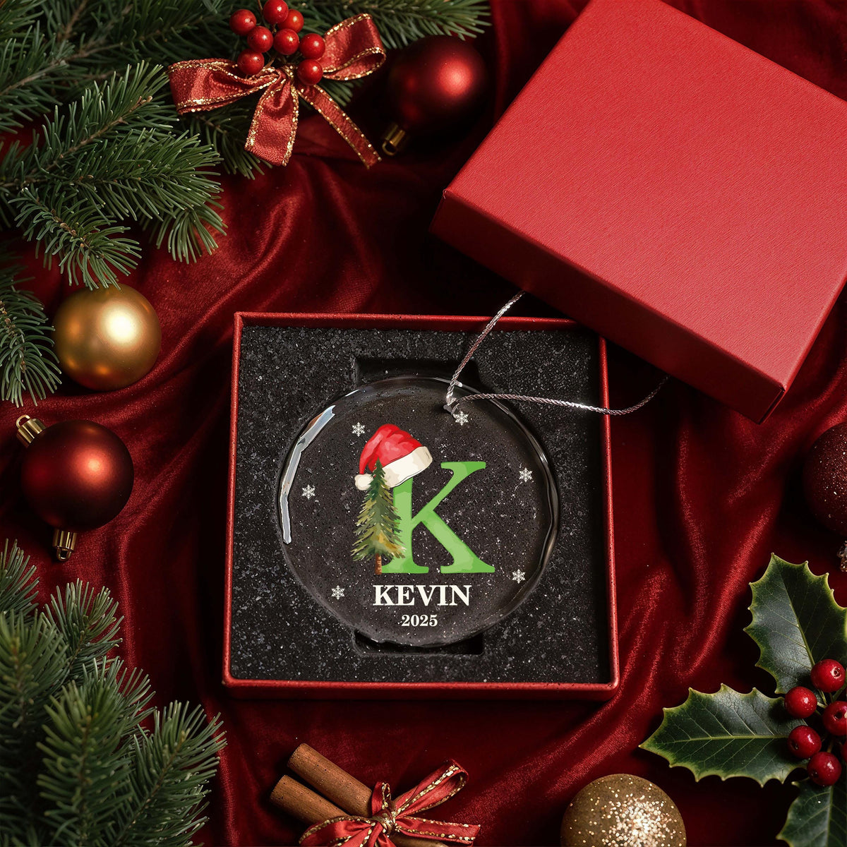 Personalized Santa Hat Initial Glass Ornament, Family Christmas Keepsake