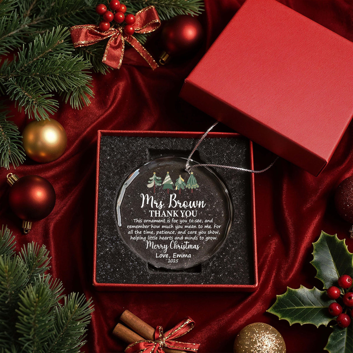 Personalized Merry Christmas Teacher Ornament, Thank You Glass Keepsake