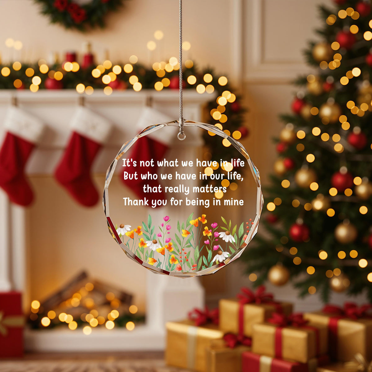Crystal Glass Ornament, Floral Thank You Quote Friendship Keepsake