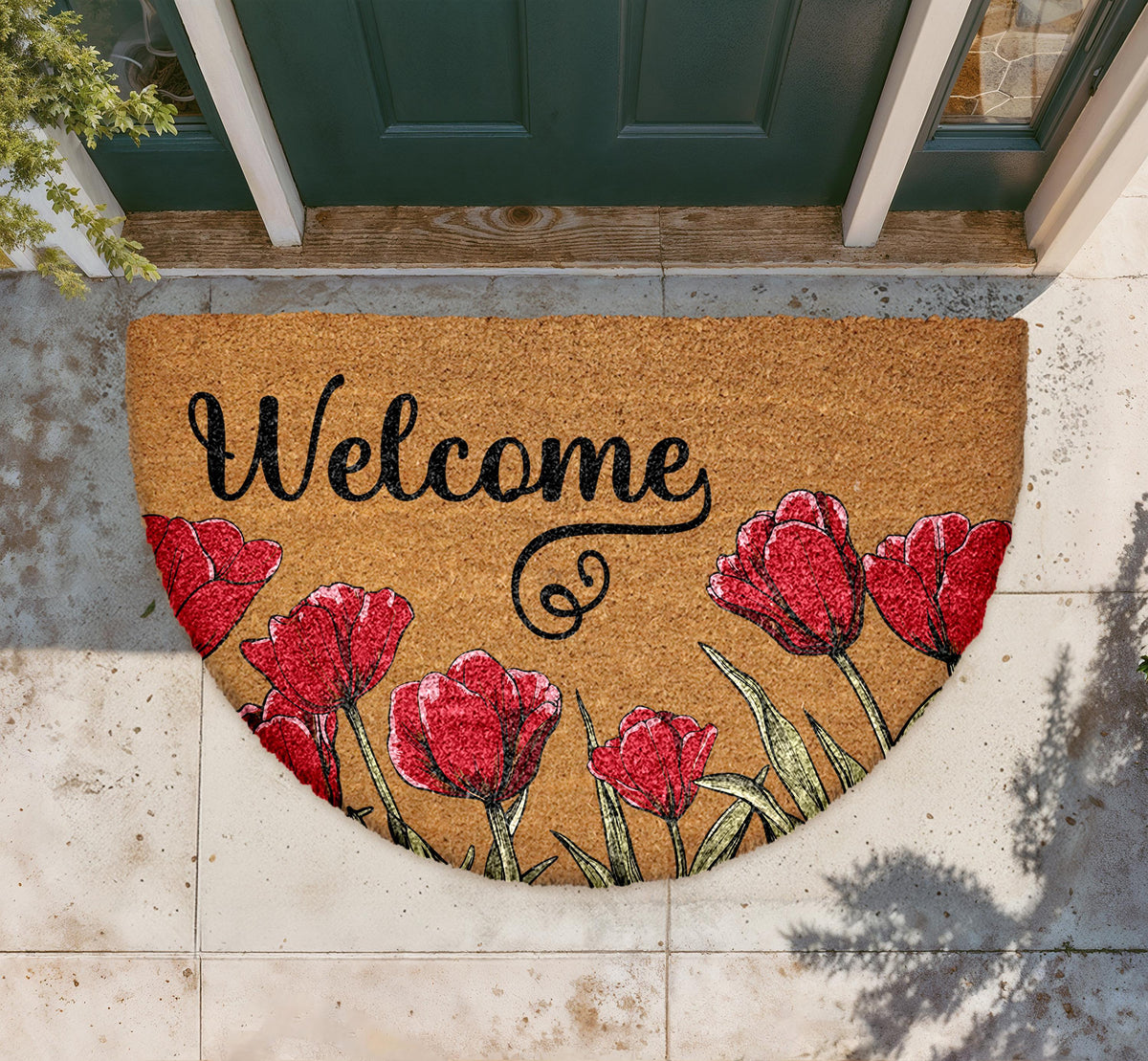 Floral Welcome Mat, Natural Coir Botanical Doormat, Semi-Circle Front Porch Rug