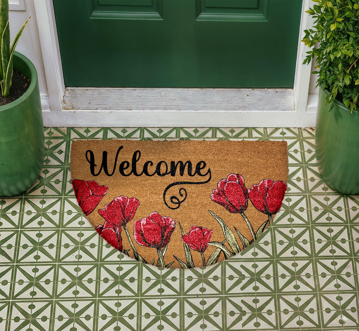 Floral Welcome Mat, Natural Coir Botanical Doormat, Semi-Circle Front Porch Rug