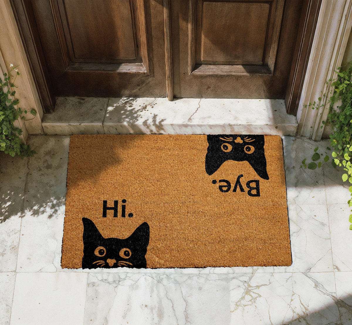 Hi Bye Black Cat Doormat, Natural Coir Fiber Entryway Rug