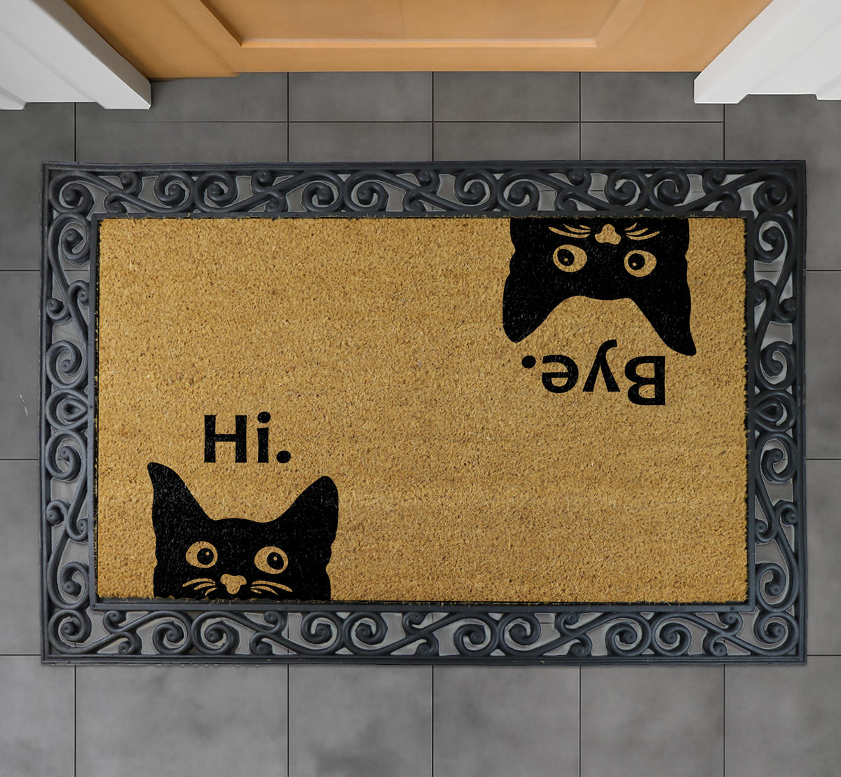 Hi Bye Black Cat Doormat, Natural Coir Fiber Entryway Rug