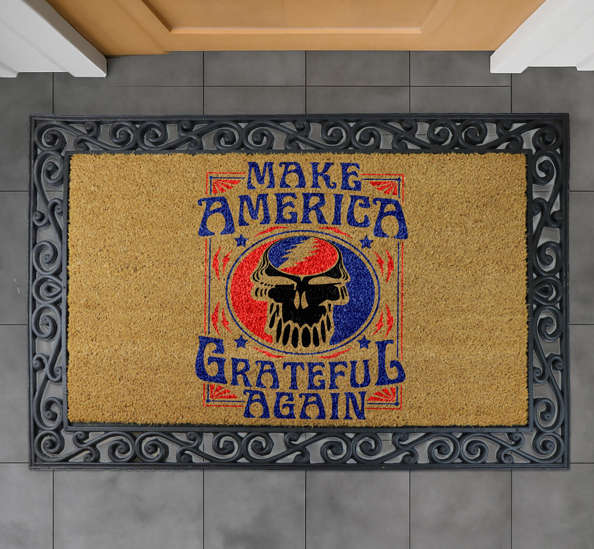 Make America Grateful Again Coco Doormat, Stealie Skull Coir Door Mat, Music Lover Welcome Mat
