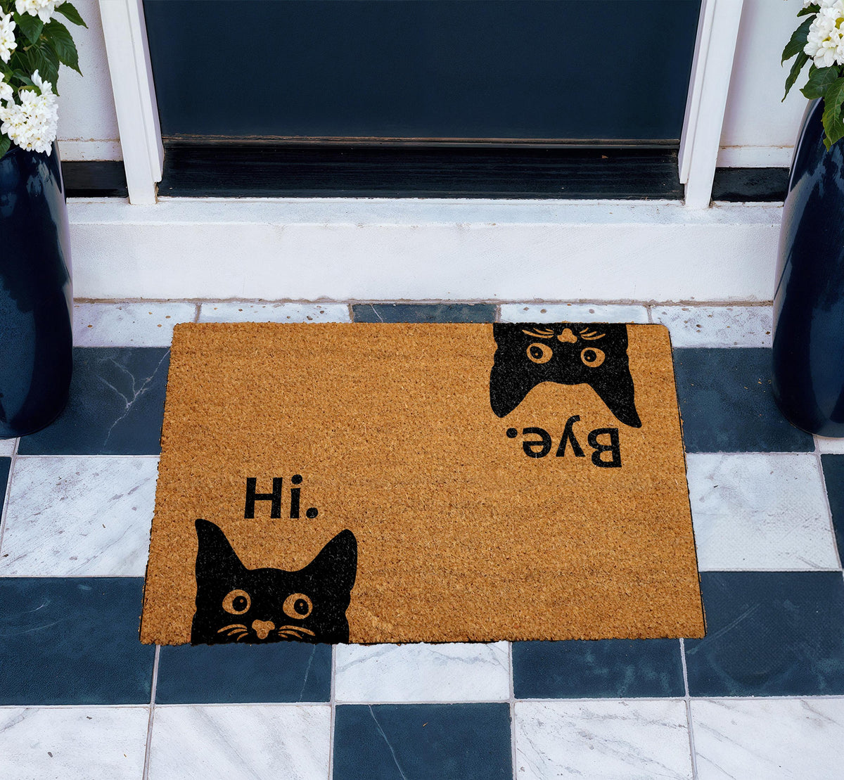 Hi Bye Black Cat Doormat, Natural Coir Fiber Entryway Rug