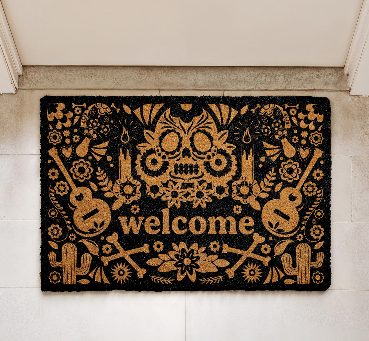 Sugar Skull Doormat, Mexican Folk Art Halloween Home Decor, Dia de los Muertos Welcome Mat