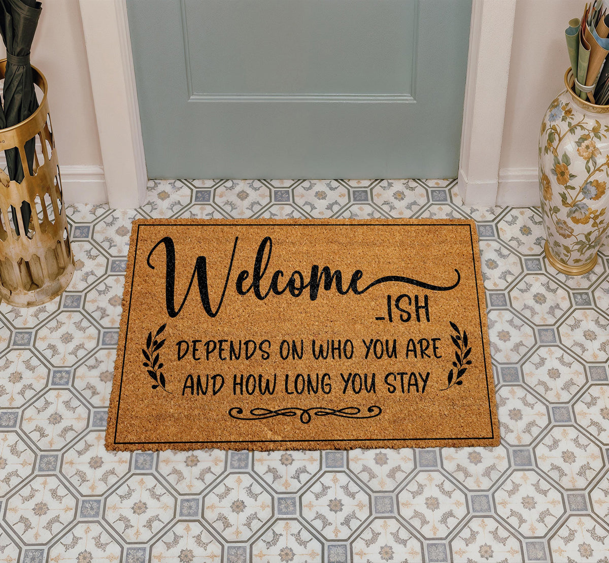 Welcome-ish Depends On Who You Are Doormat, Funny Housewarming Gift, Sarcastic Welcome Mat