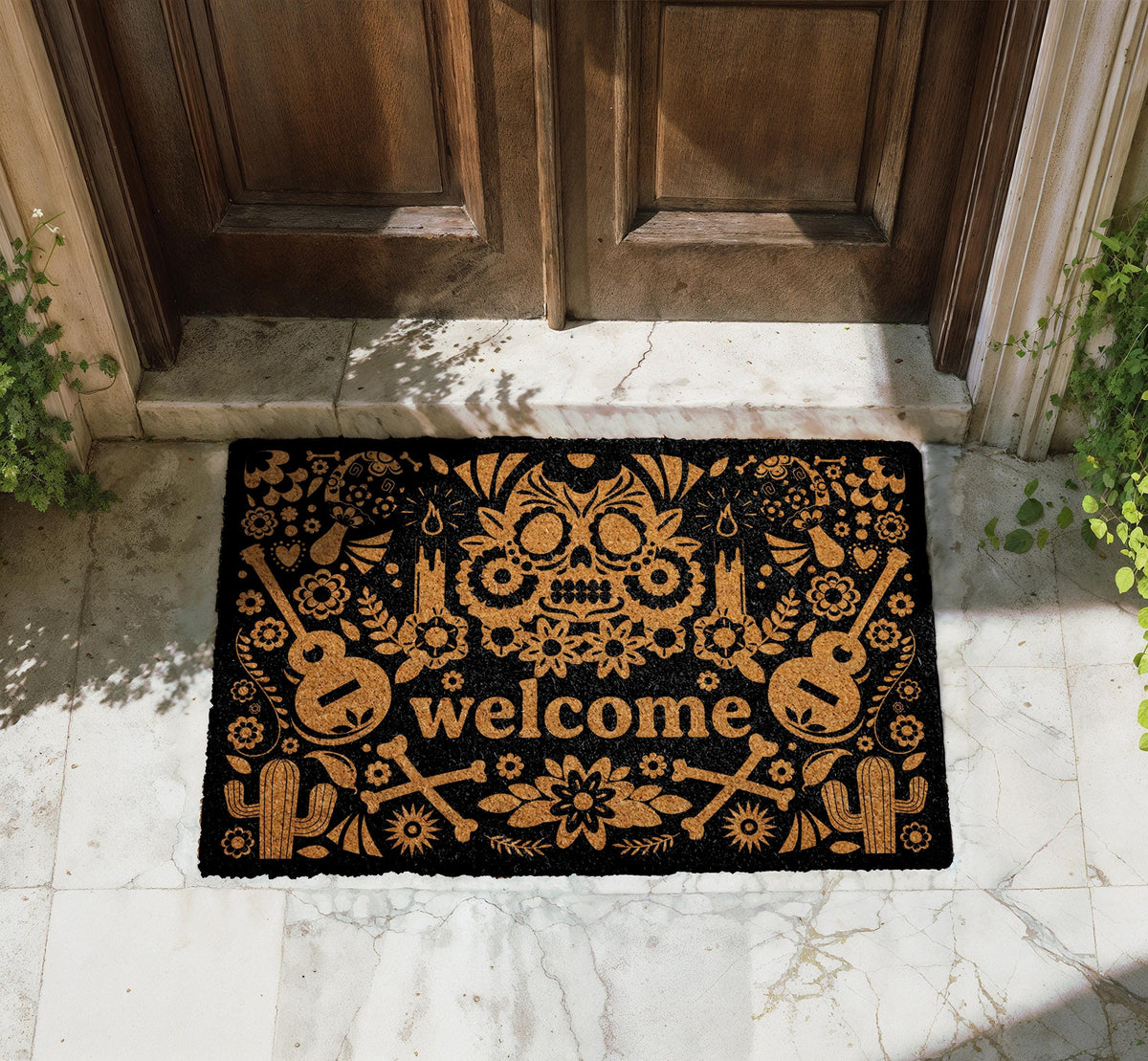 Sugar Skull Doormat, Mexican Folk Art Halloween Home Decor, Dia de los Muertos Welcome Mat