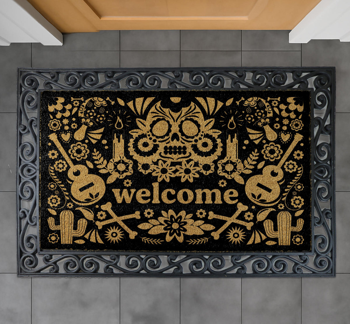 Sugar Skull Doormat, Mexican Folk Art Halloween Home Decor, Dia de los Muertos Welcome Mat
