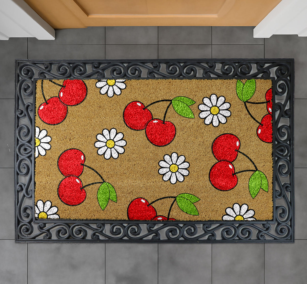 Cherry and Daisy Doormat, Sweet Summer Welcome Mat, Unique Spring Home Decor