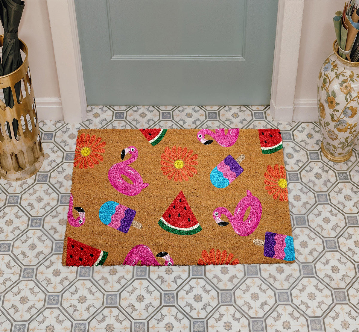 Summer Vibes Coco Doormat, Flamingo, Watermelon And Popsicle Themed Door Mat