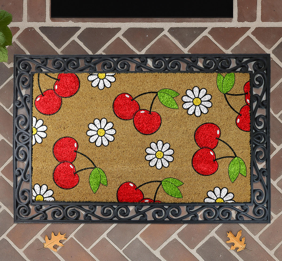 Cherry and Daisy Doormat, Sweet Summer Welcome Mat, Unique Spring Home Decor