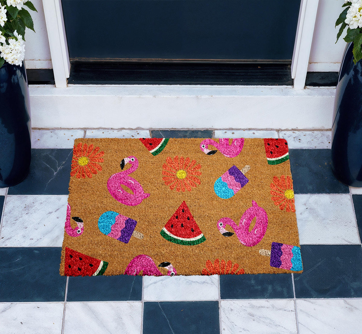 Summer Vibes Coco Doormat, Flamingo, Watermelon And Popsicle Themed Door Mat