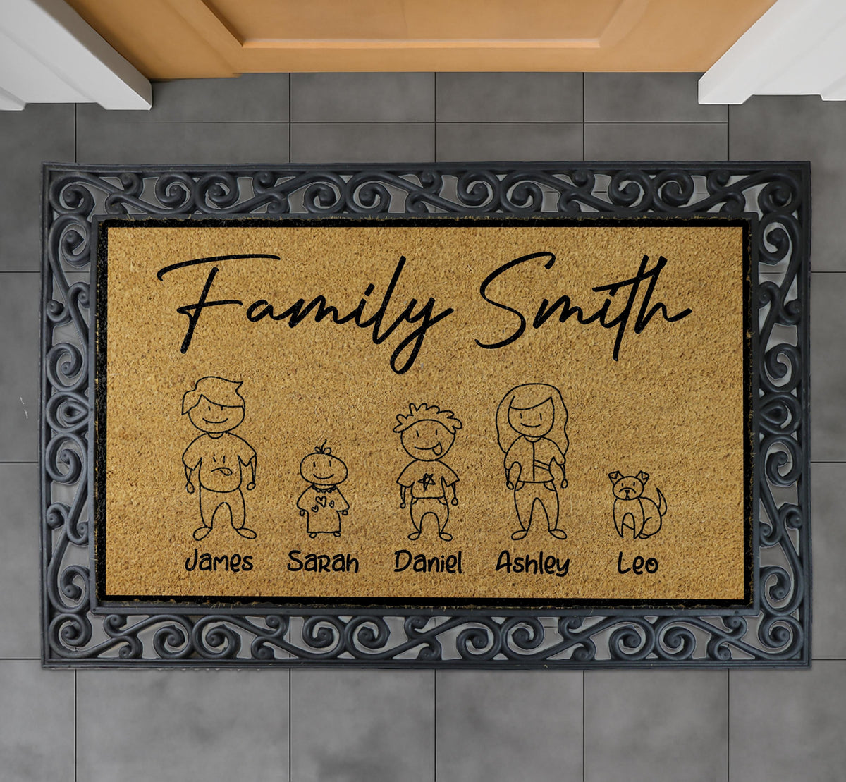 Custom Family Illustration Doormat, Last Name & Family Members Welcome Mat