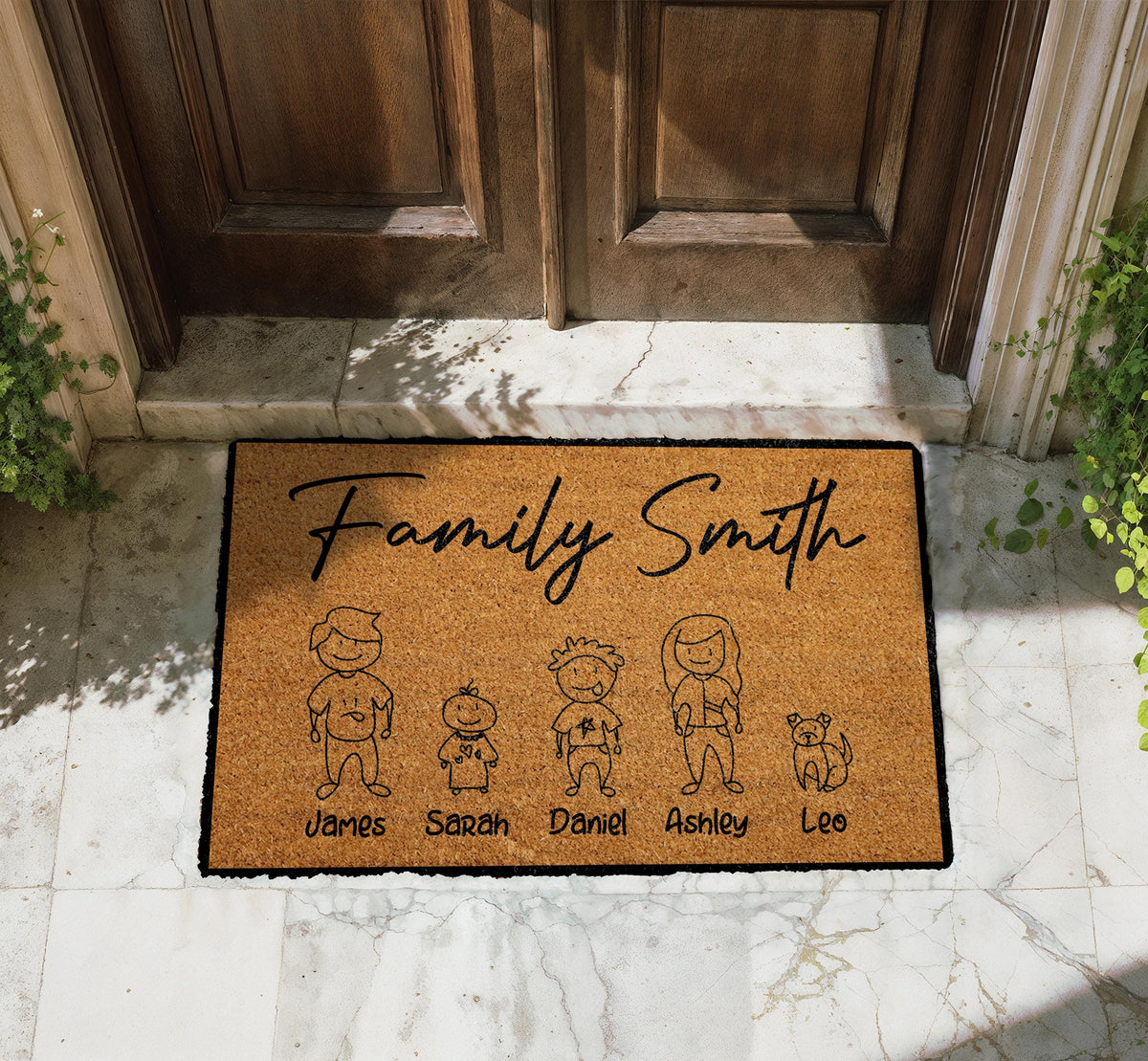 Custom Family Illustration Doormat, Last Name & Family Members Welcome Mat