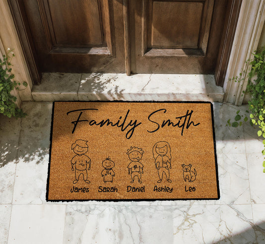 Custom Family Illustration Doormat, Last Name & Family Members Welcome Mat