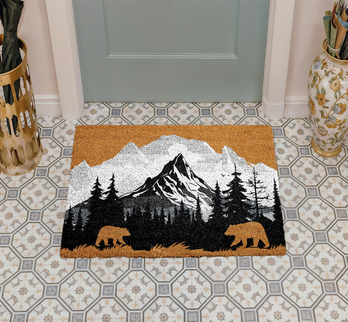 Mountain & Bear Doormat, Wilderness Home Decor, Woodland Welcome Mat, Nature Lover Gift