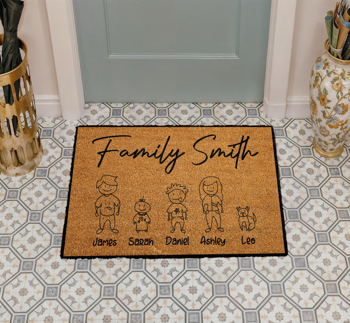 Custom Family Illustration Doormat, Last Name & Family Members Welcome Mat