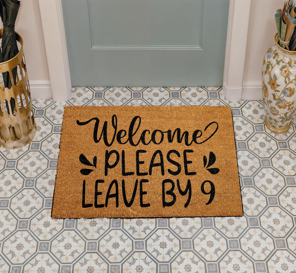 Stay Awhile But Please Leave By 9 Pm Doormat, Funny Saying Welcome Mat, Humorous Home Decor