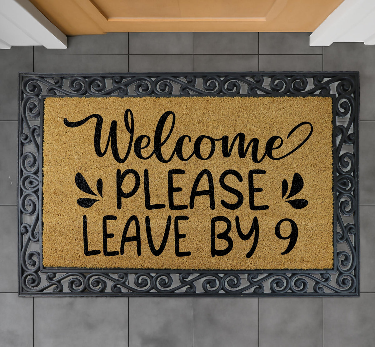 Stay Awhile But Please Leave By 9 Pm Doormat, Funny Saying Welcome Mat, Humorous Home Decor