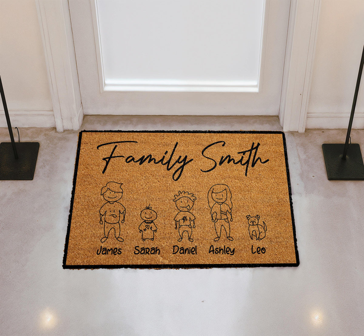 Custom Family Illustration Doormat, Last Name & Family Members Welcome Mat