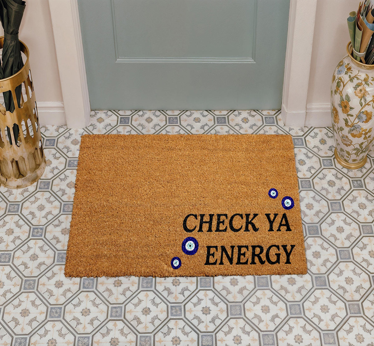 Check Ya Energy Doormat, Evil Eye Welcome Mat, Spiritual Home Decor, Good Vibes Front Porch Rug