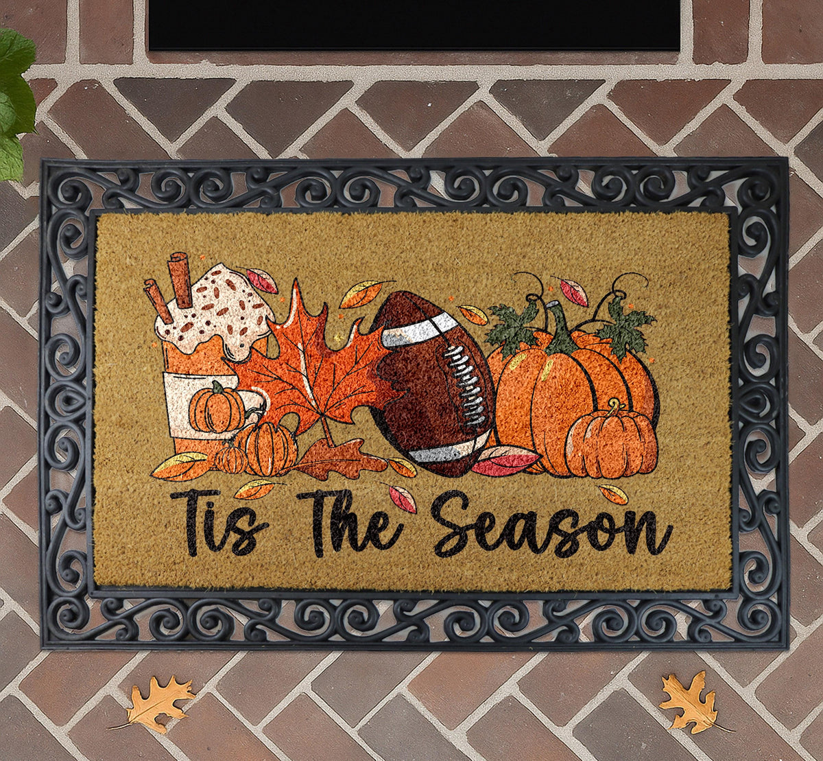 Tis The Season Welcome Mat, Thanksgiving Home Decor, Pumpkin Spice Latte & Football Doormat