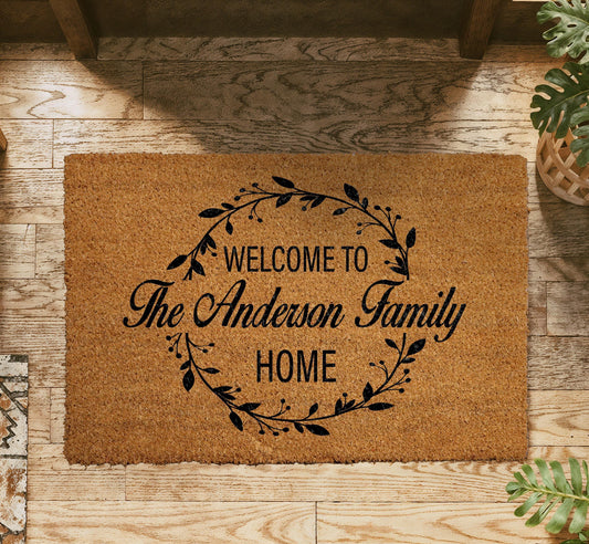 Personalized Family Name Berry Wreath Doormat, Custom Lastname Welcome Mat