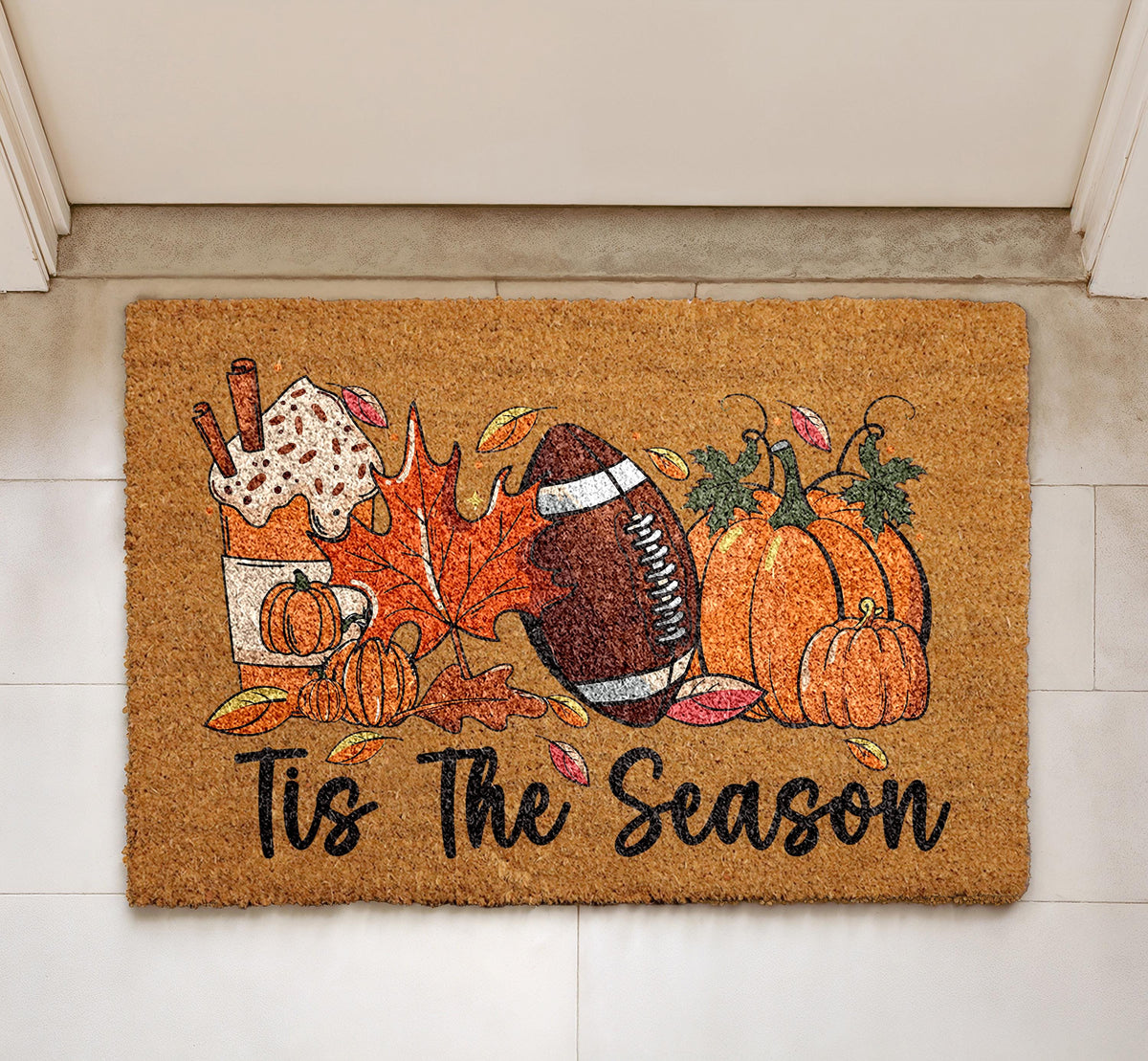 Tis The Season Welcome Mat, Thanksgiving Home Decor, Pumpkin Spice Latte & Football Doormat