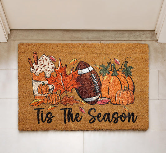 Tis The Season Welcome Mat, Thanksgiving Home Decor, Pumpkin Spice Latte & Football Doormat